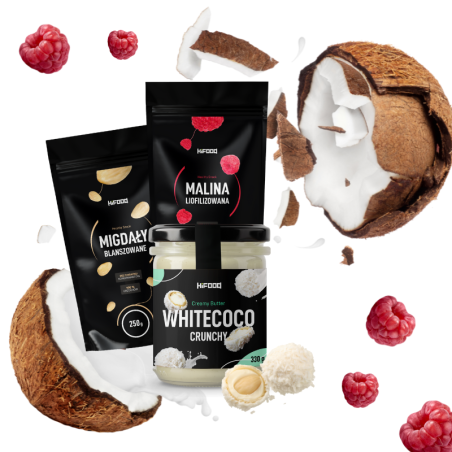 Kokosowa Rozkosz - krem Whitecoco, Migdały, Malina liofilizowana