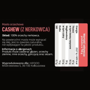 Masło z Nerkowców 100% Krem Orzechowy - Cashew HiFOOD 200g